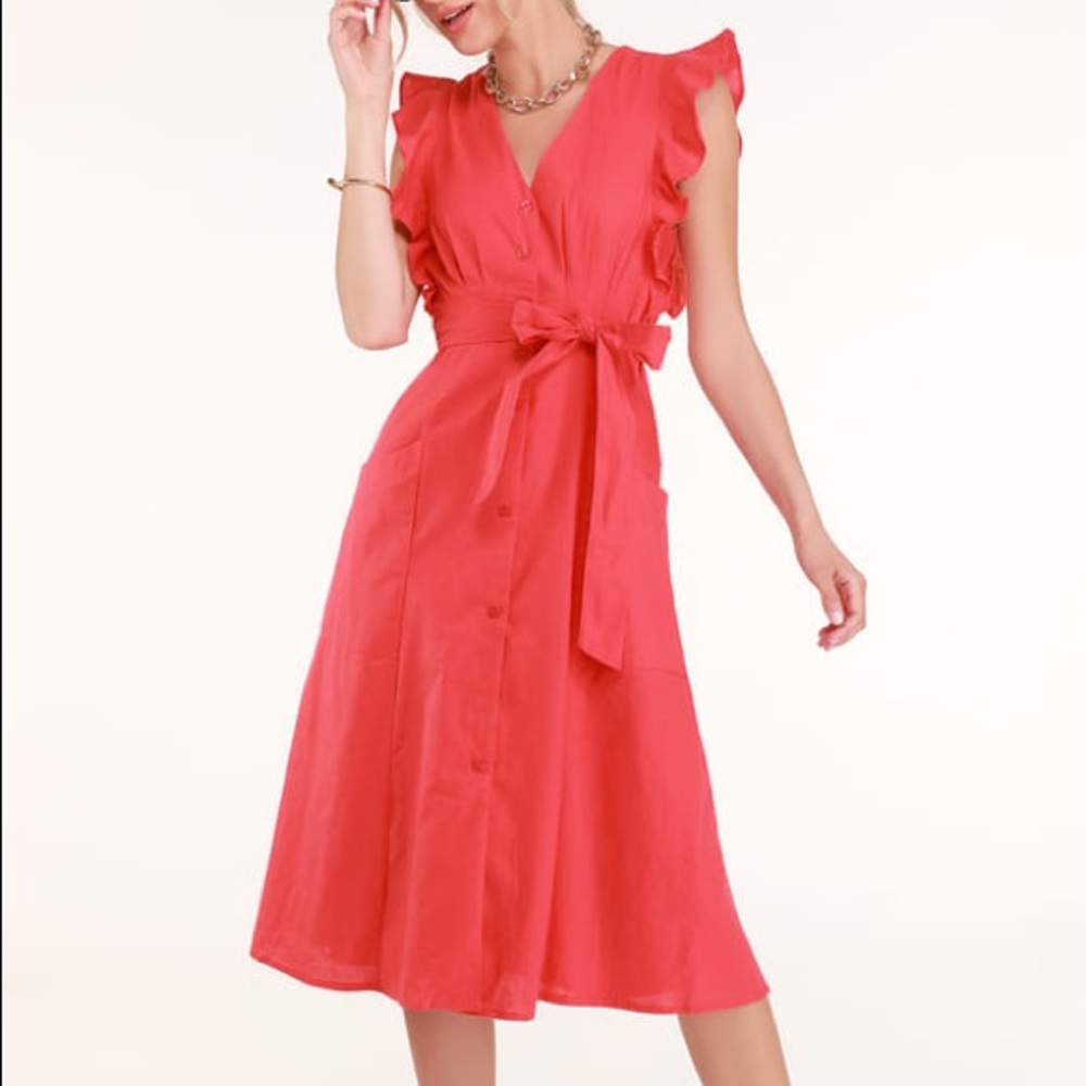 Lulu’s Coral Button Down Midi Dress